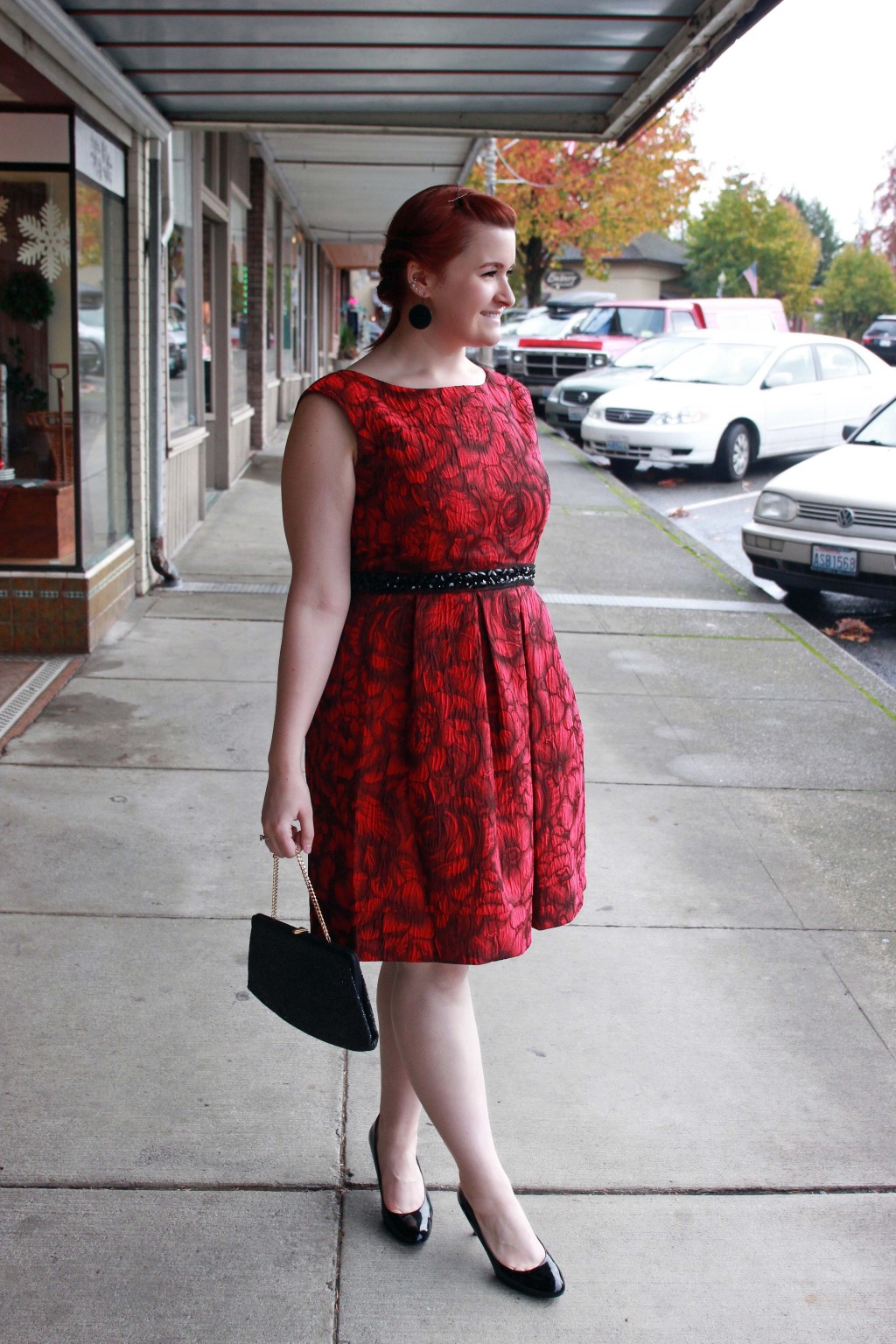 Eliza J Embellished Waist Red Brocade Fit & Flare Dress