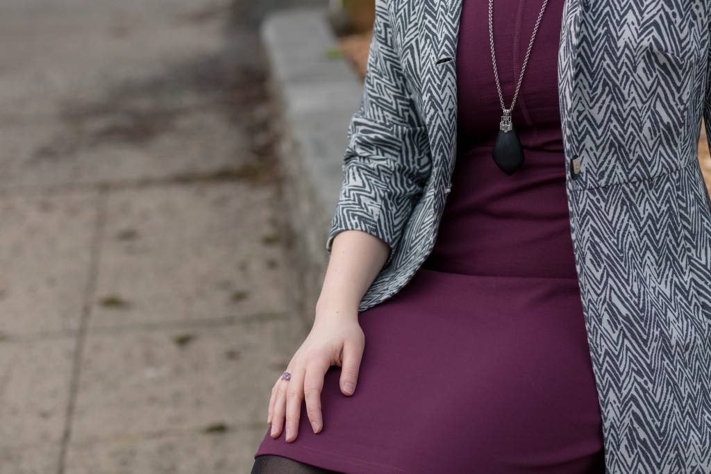 Maroon Dress with gray and white patterned coat